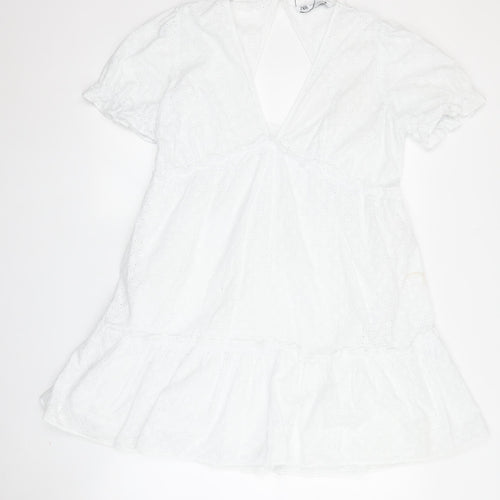 Zara Women White Mini Dress XL V-Neck Lace Puff Sleeve