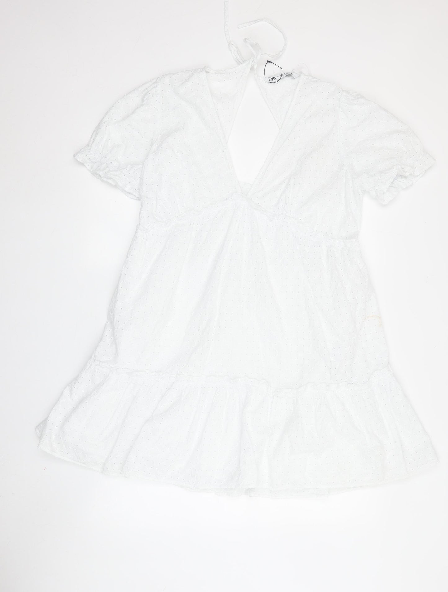 Zara Women White Mini Dress XL V-Neck Lace Puff Sleeve