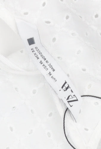 Zara Women White Mini Dress XL V-Neck Lace Puff Sleeve