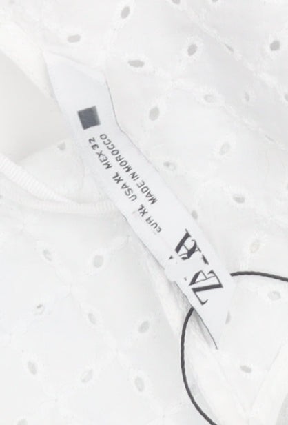 Zara Women White Mini Dress XL V-Neck Lace Puff Sleeve