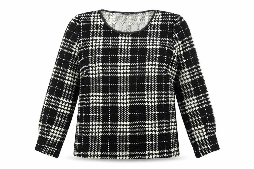 Front view of Alexara Women's Black Check Blouse, size 16, Long Sleeve