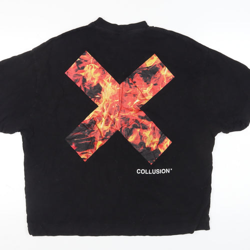 Collusion Unisex Black Relaxed T-Shirt S, Fire Design