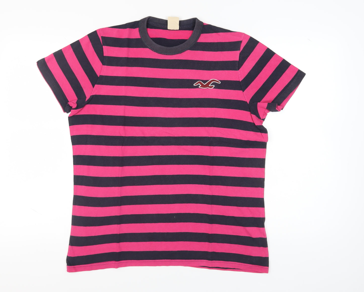 Hollister Men's Black & Pink Striped T-Shirt L