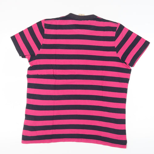 Hollister Men's Black & Pink Striped T-Shirt L