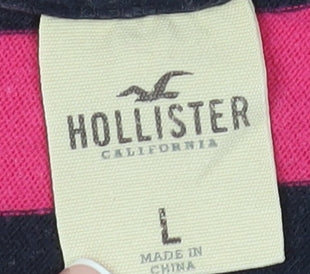 Hollister Men's Black & Pink Striped T-Shirt L