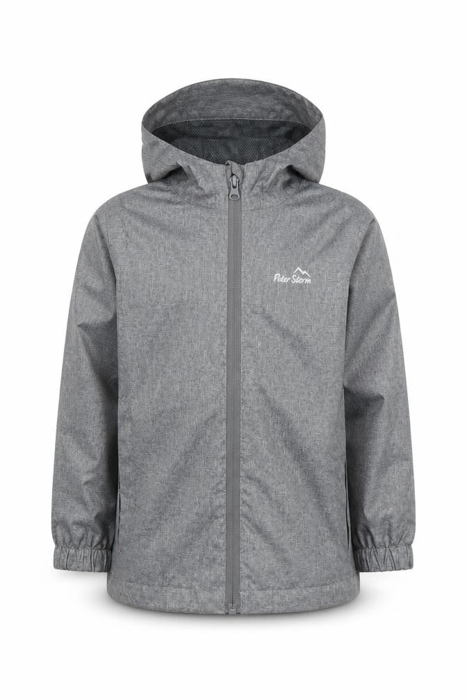 Front view of Peter Storm boys’' grey rain coat 5-6 years waterproof hooded