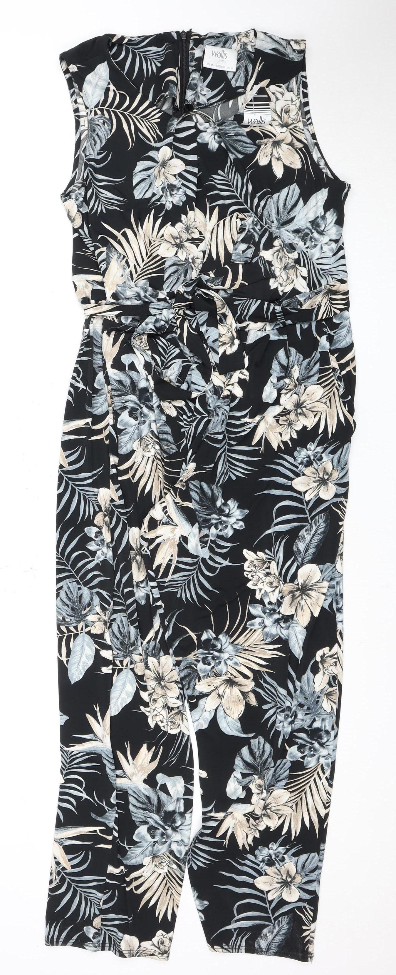 Wallis Black Petite Floral Jumpsuit - Size 16