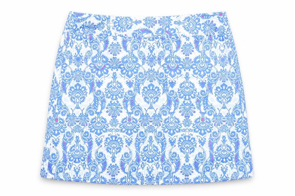 Front view of Oyamiki Women's Blue Geometric Short Skirt, L