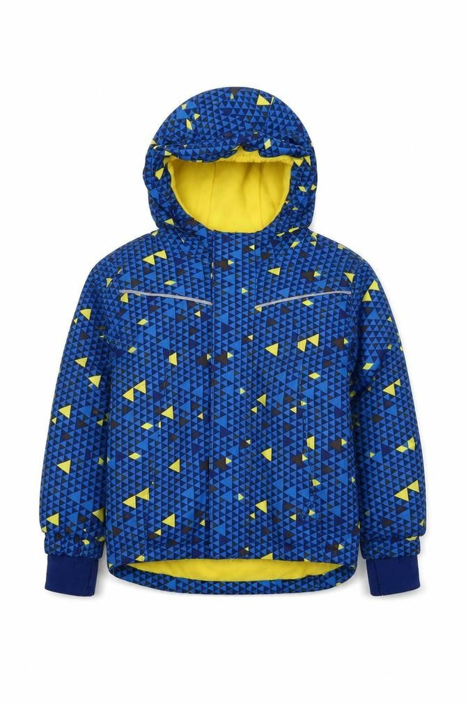 Front view of Lupilu boys’ blue geometric puffer jacket 5-6 years