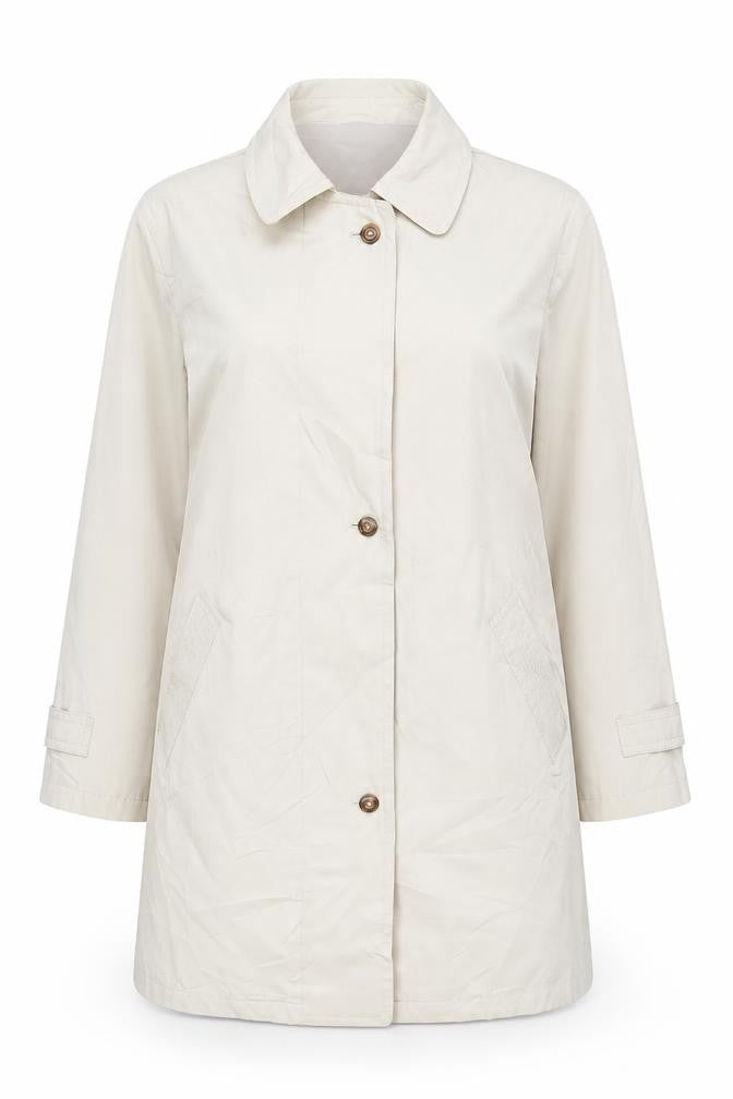 Front view of Berketex Women's Beige Trench Coat, size 14, Buttoned