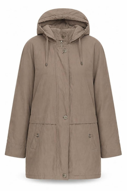 Front view of Klass Women’s Brown Parka Coat, size M, Hooded & Pockets
