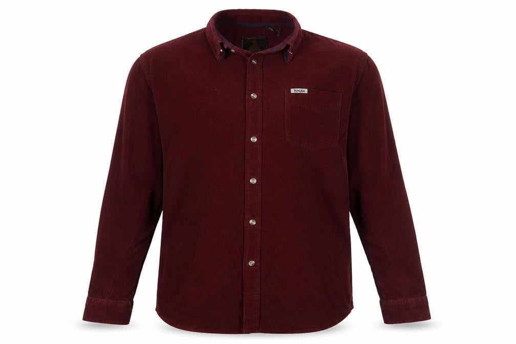 Front view of Toggi Men's Red Corduroy Button-Up Shirt