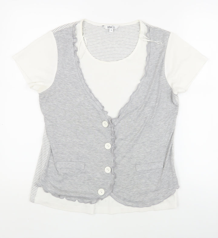 M&Co Women's Grey Striped V-Neck Top - M