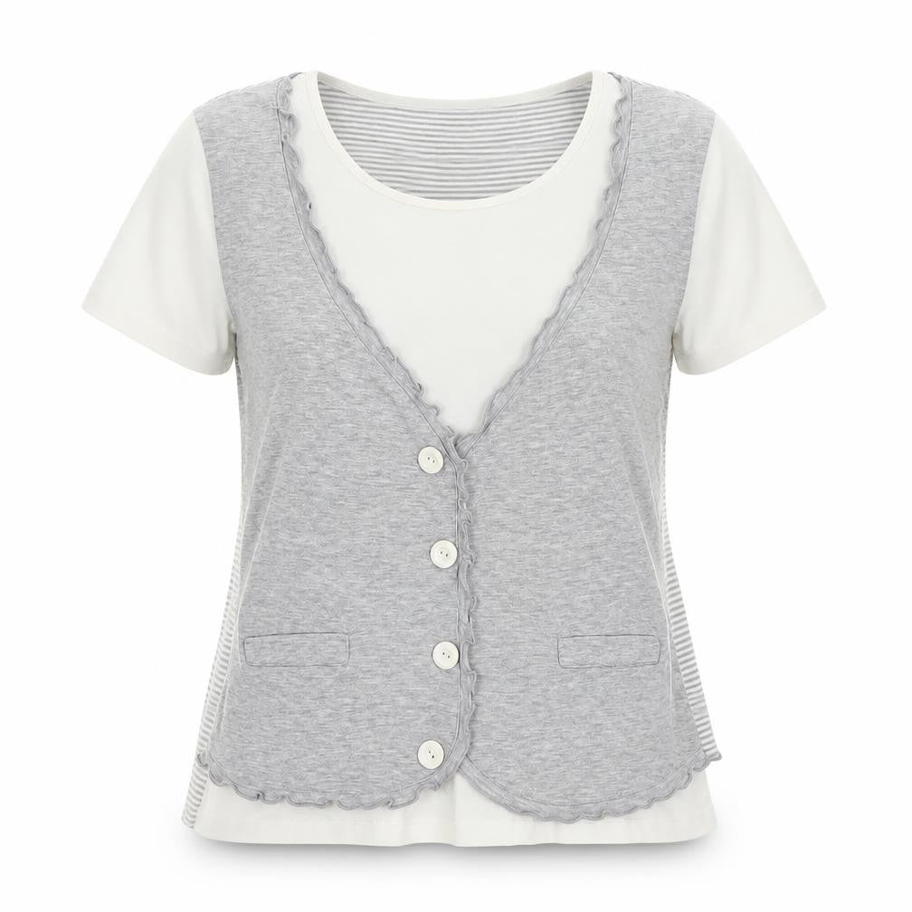 Front view of M&Co Women's Grey Striped V-Neck Top - M