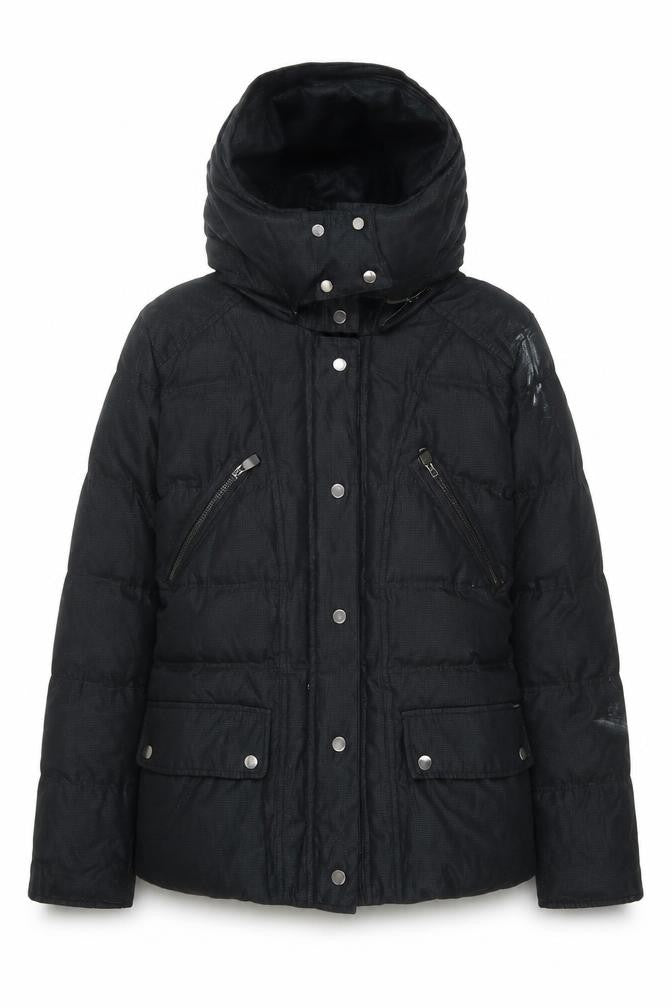 Front view of Zara Women's Black Down Puffer Jacket, size S, Winter Essential