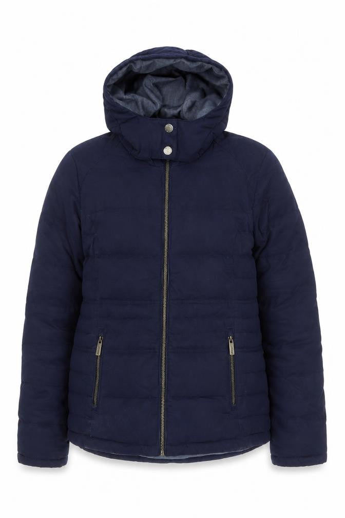 Front view of FatFace Women's Blue Puffer Jacket, size 10, Hooded
