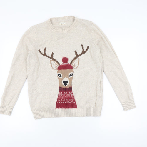 Fat Face Women's Beige Deer Sweater UK 12 Christmas Jumper