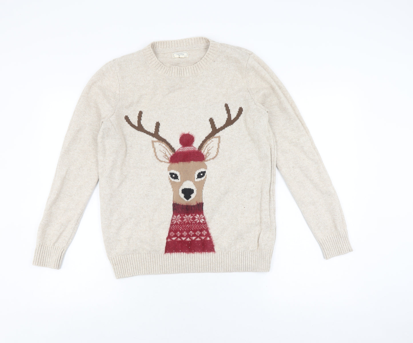 Fat Face Women's Beige Deer Sweater UK 12 Christmas Jumper