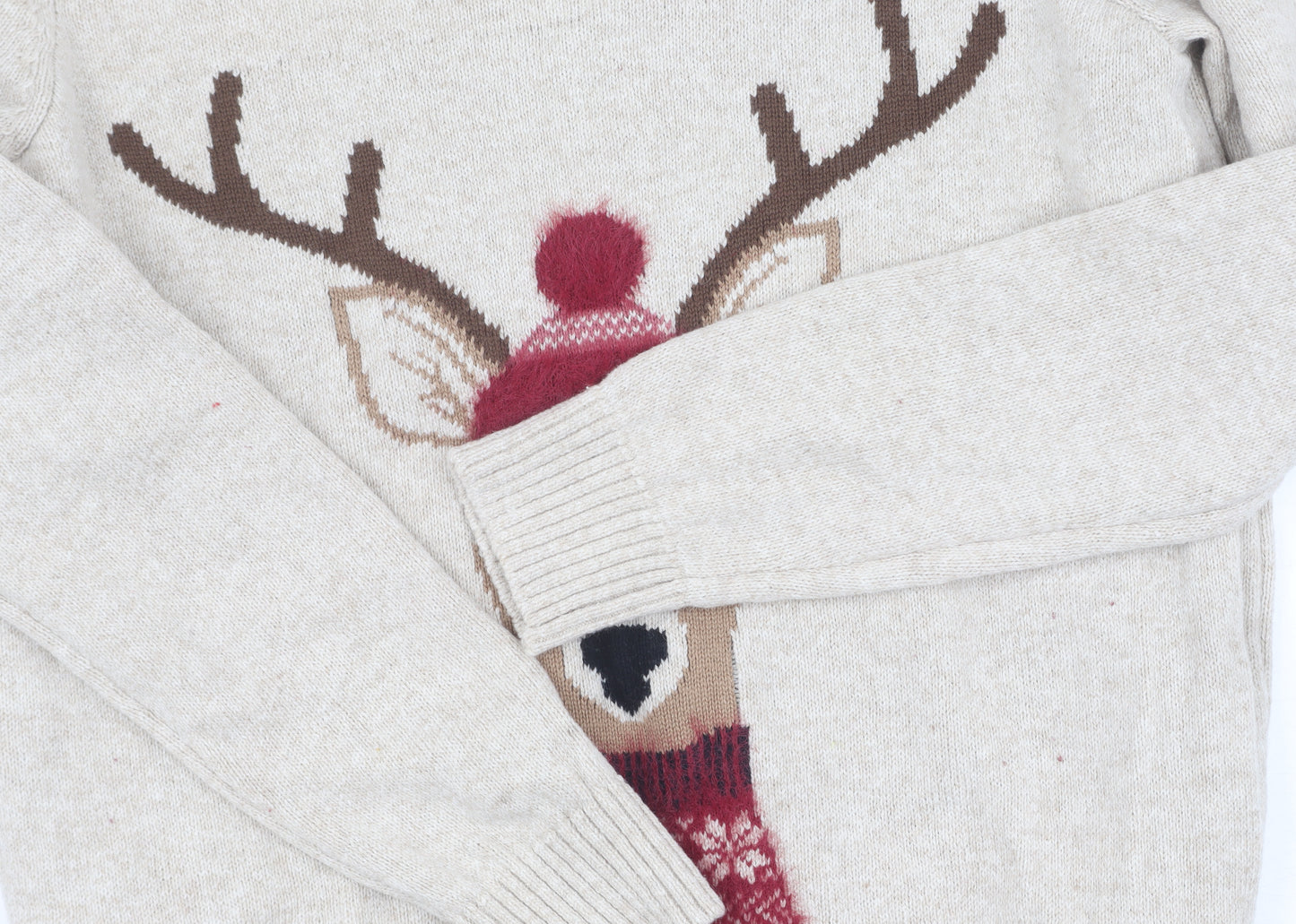 Fat Face Women's Beige Deer Sweater UK 12 Christmas Jumper