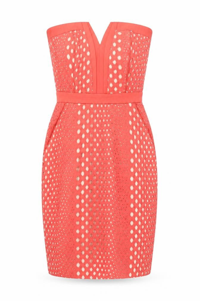 Front view of Warehouse Women's Red Cotton Eyelet Sheath Dress, size 8