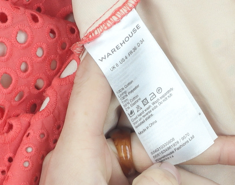 Warehouse Women's Red Cotton Eyelet Sheath Dress Size 8