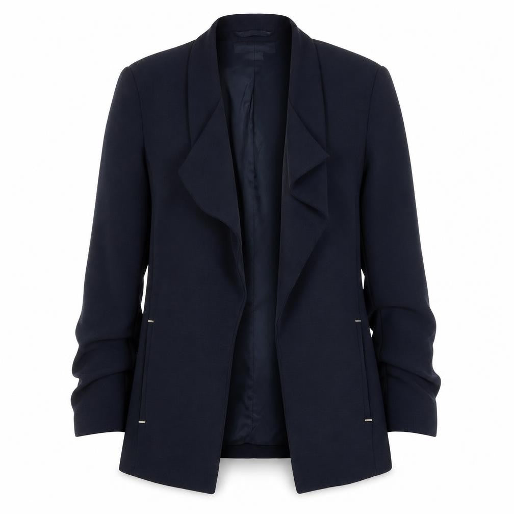 Front view of H&M Women Black Blazer, size 4, Long Sleeve Polyester