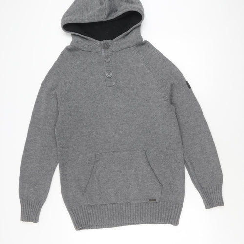 Firetrap Men's Grey Henley Jumper L Size Hooded Cotton