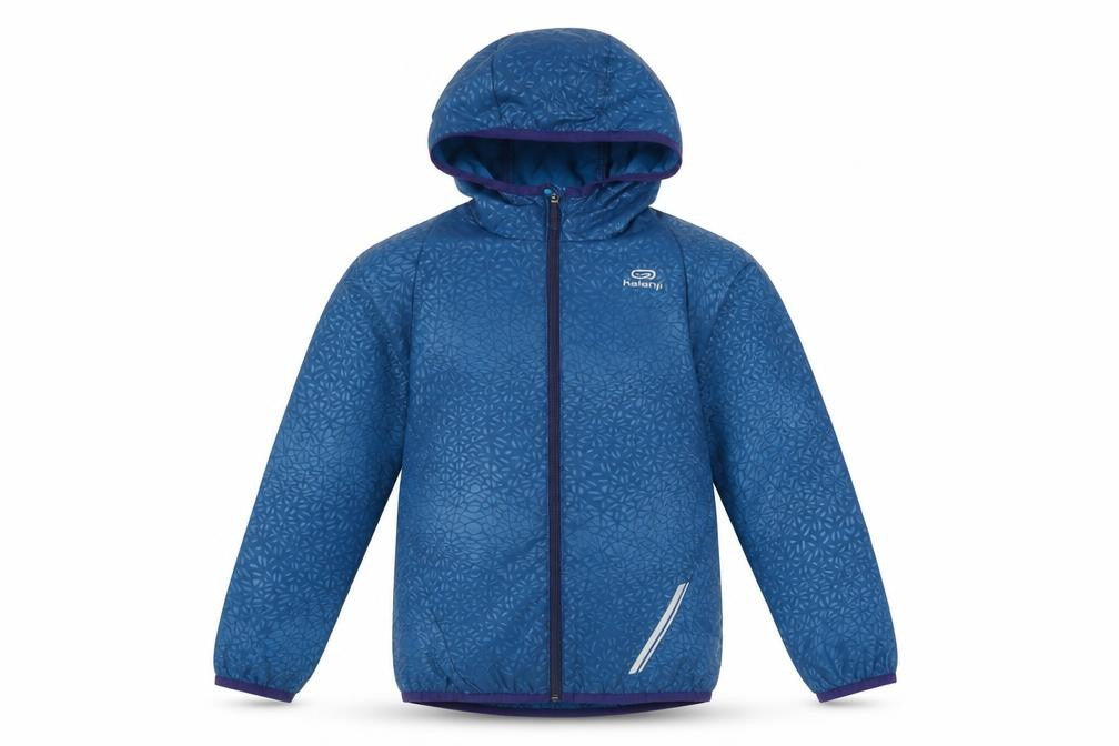Front view of Decathlon boys’ blue hooded jacket 7-8 years