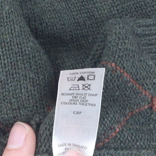 BHS Men's Green Argyle High Neck Pullover Jumper M