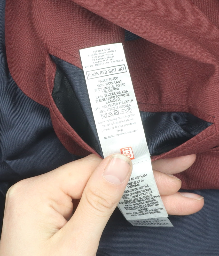 Topman Men's Red Suit Jacket 36, Notch Lapel, Inner Pockets