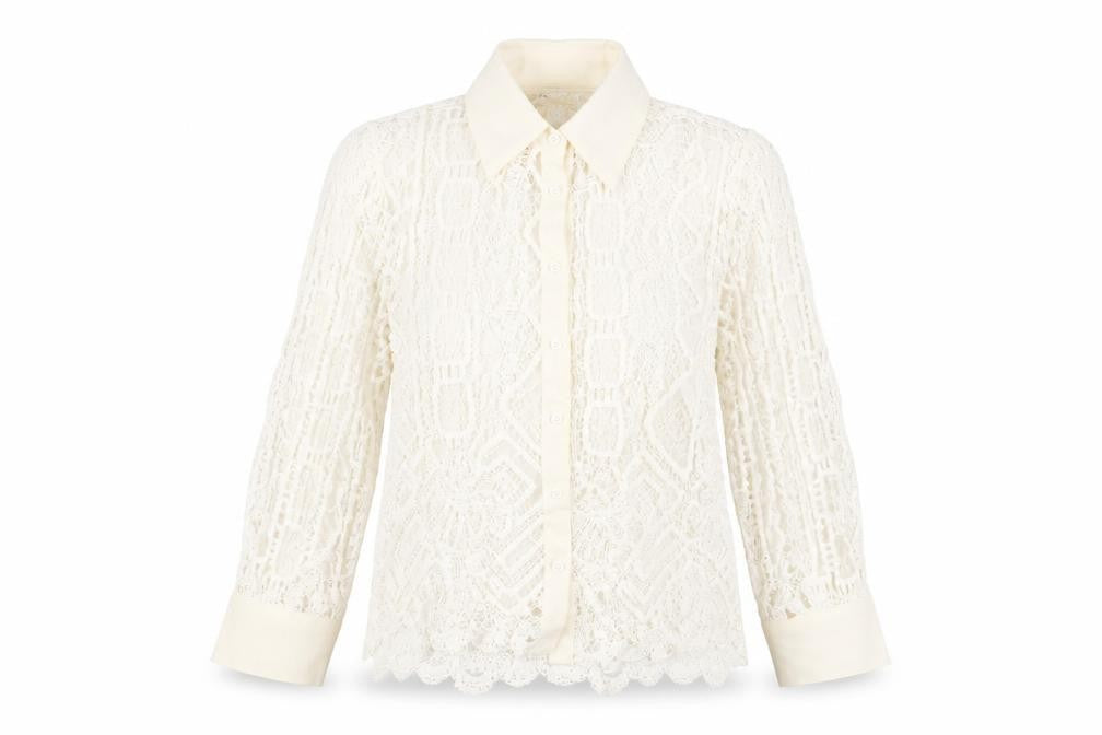 Front view of Zara Women's Ivory Lace Button-Up Shirt, size 12