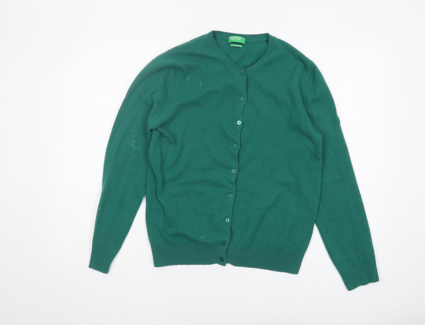 Benetton Women's Green Wool Cardigan M - Elegant Knitwear