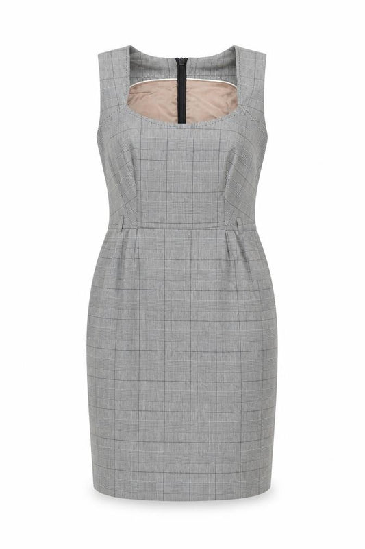Front view of Next Petite Grey Check Sheath Dress, Women, size 10