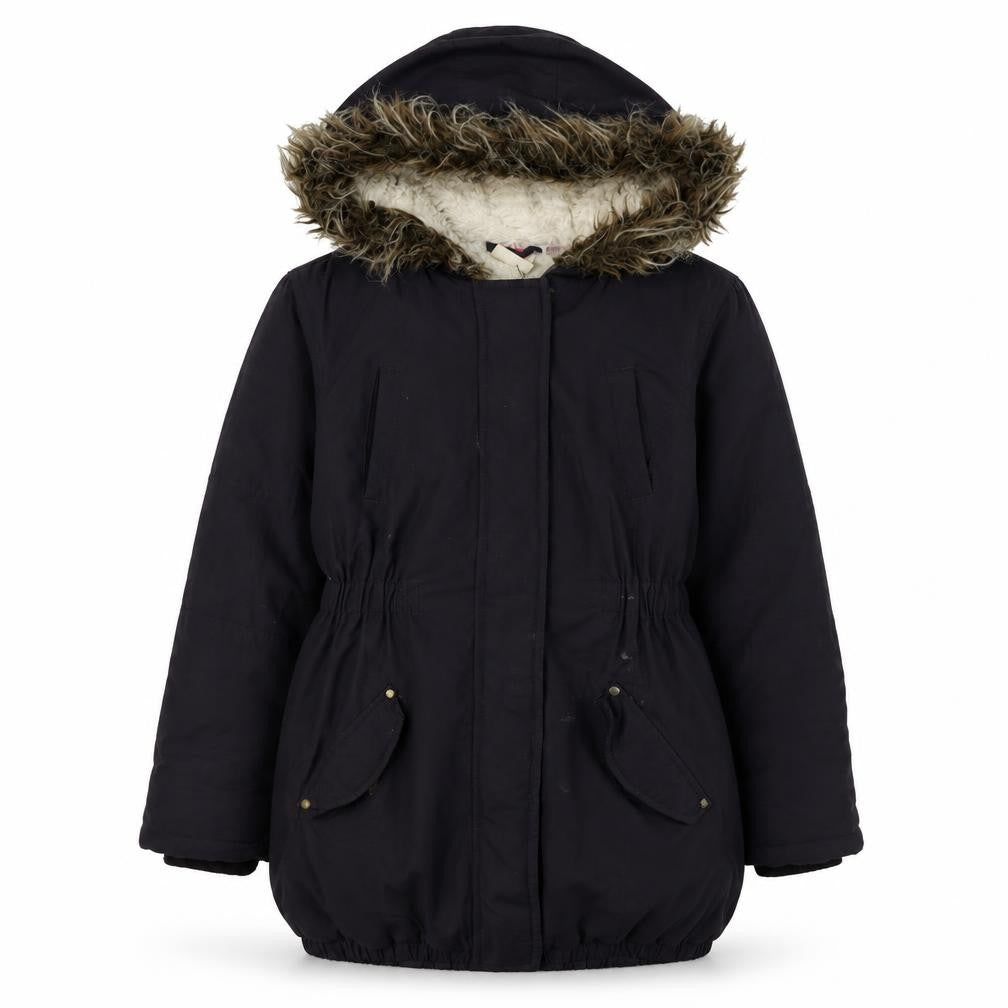 Front view of John Lewis girls’ black parka coat, size 10, years