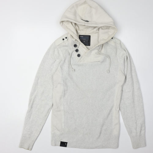 Next Men's Grey Cotton Pullover Hoodie, S, Button Accent