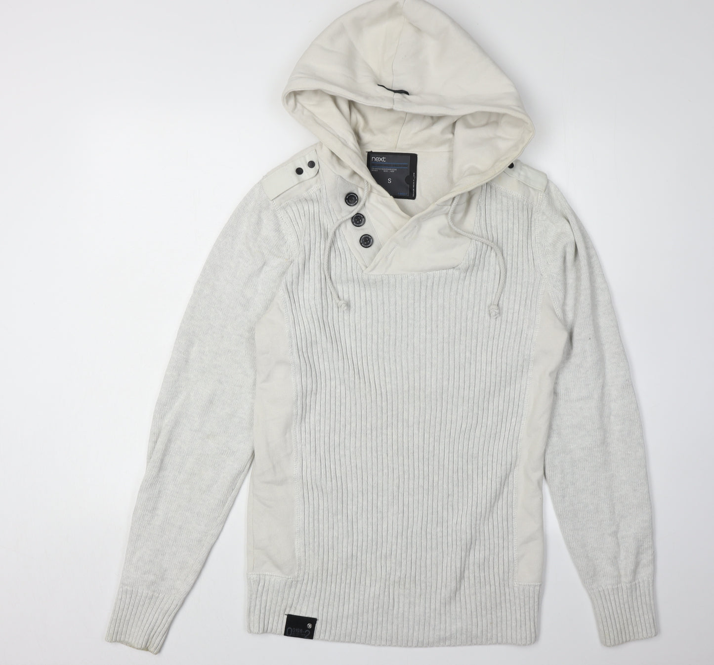 Next Men's Grey Cotton Pullover Hoodie, S, Button Accent