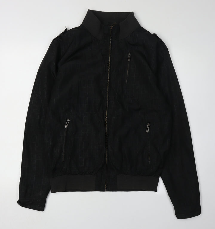 Smog Men's Black Bomber Jacket, Size L, Geometric Pattern