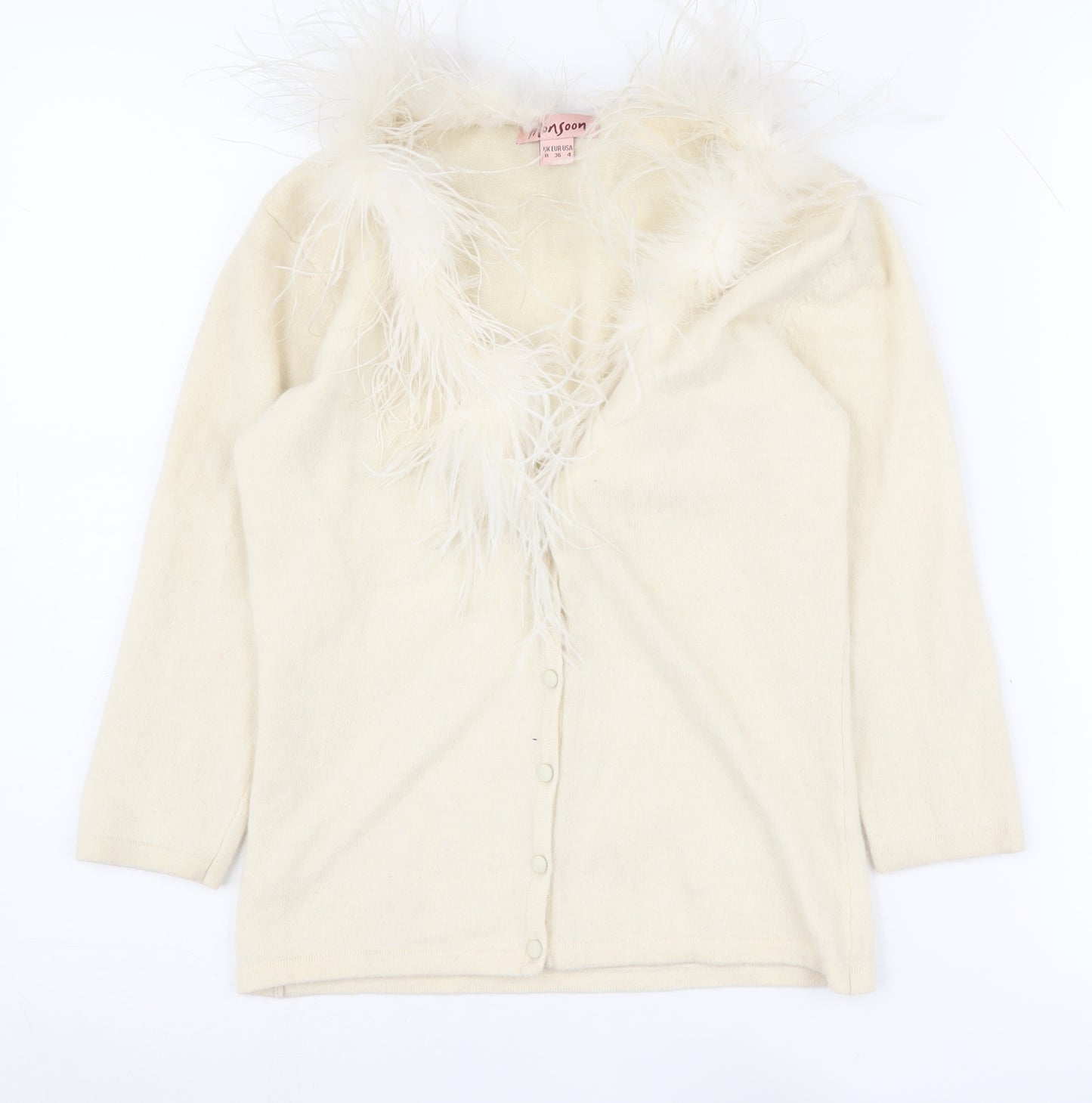 Monsoon Women's Ivory Cardigan Size 8 Fur Trim Knit