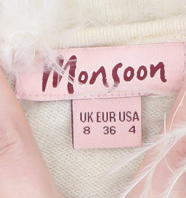 Monsoon Women's Ivory Cardigan Size 8 Fur Trim Knit