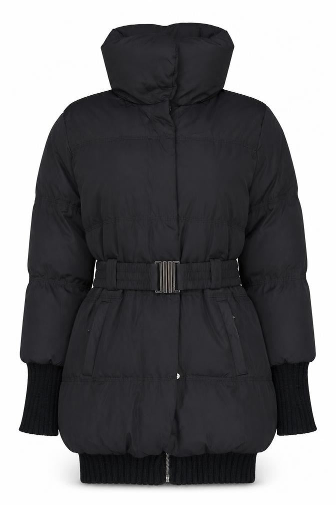 Front view of Amisu Women's Black Puffer Jacket, size 6, Belted