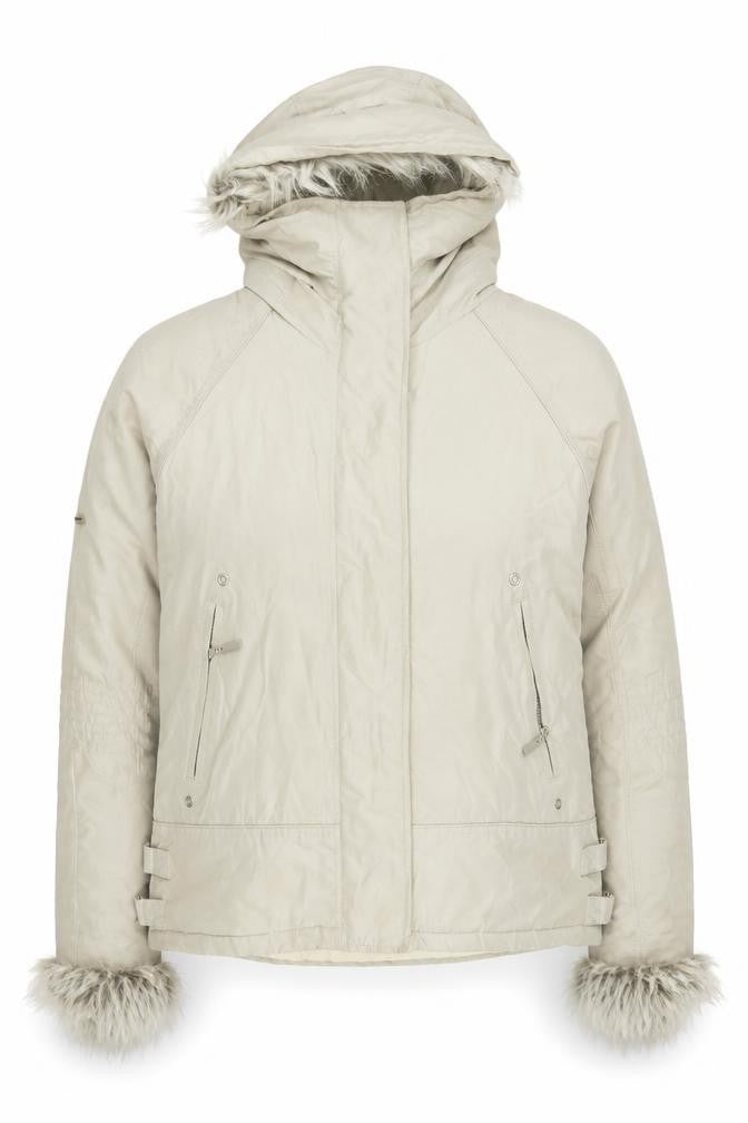 Front view of Eisenegger Women's Beige Hooded Parka Jacket, size 14