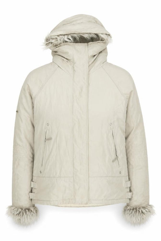 Front view of Eisenegger Women's Beige Hooded Parka Jacket, size 14