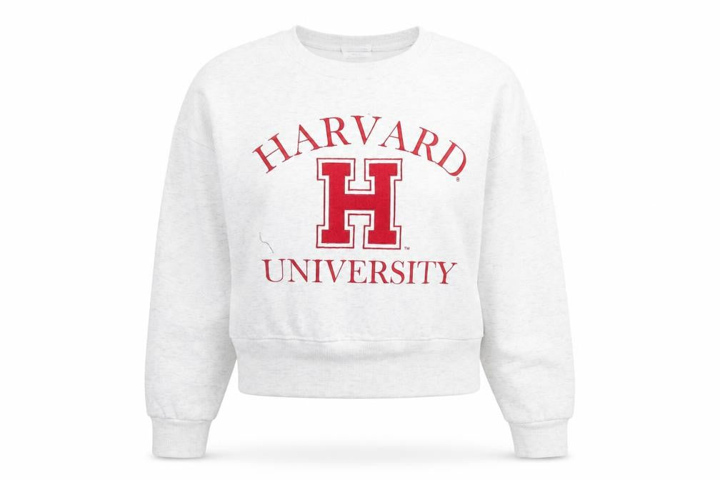 Front view of Harvard unisex white small logo sweatshirt