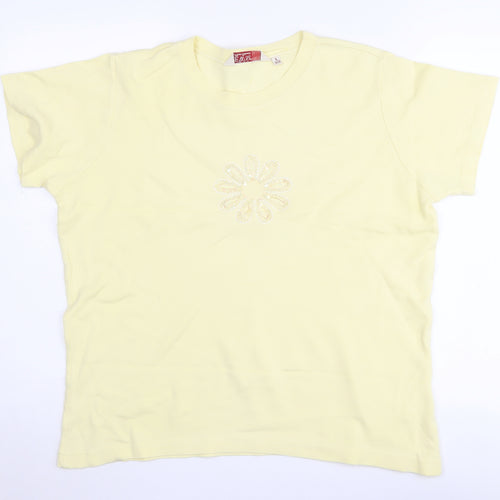 EWM Women's Yellow Cotton Crew Neck T-Shirt, Size L, Beaded Accent