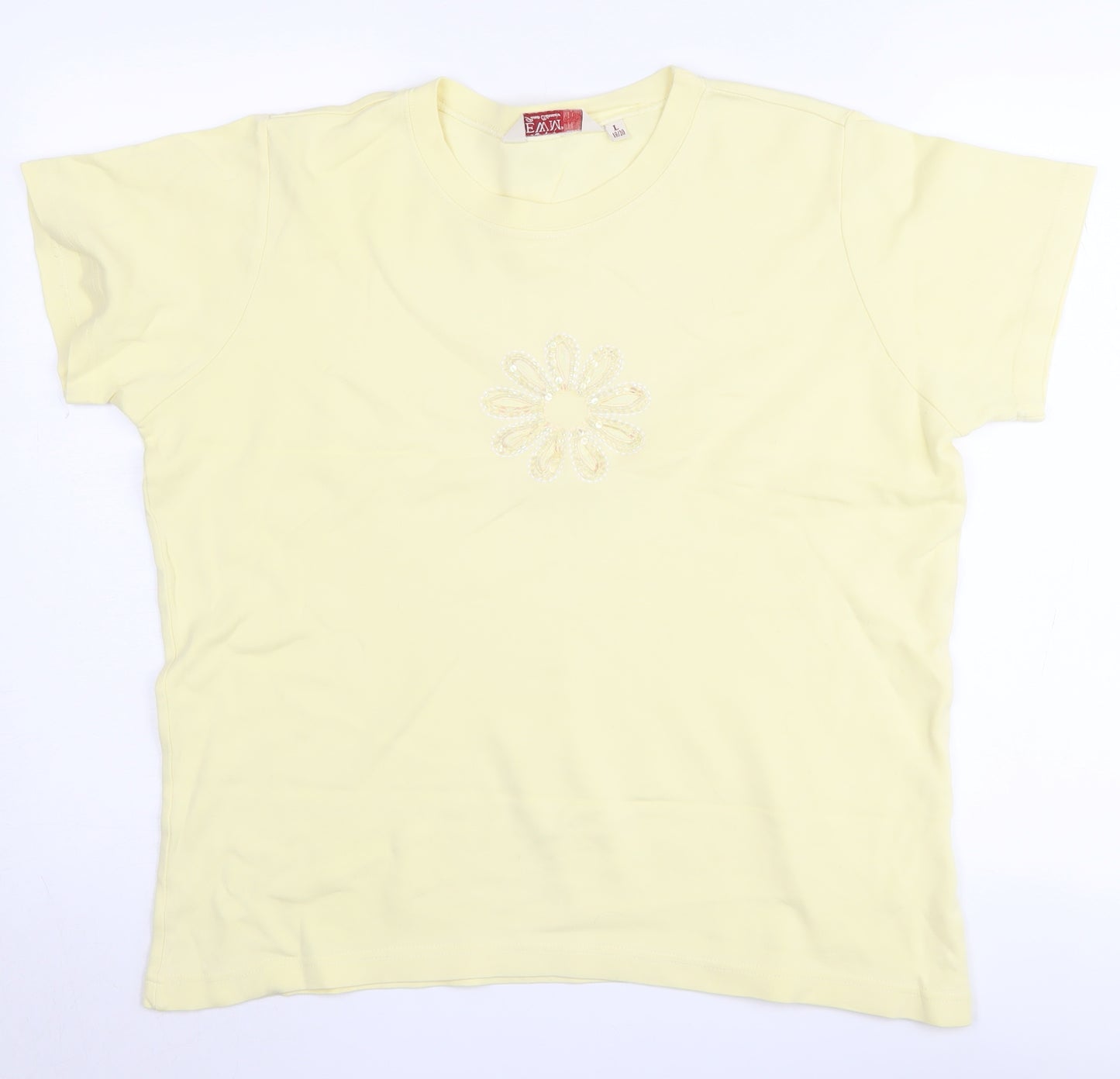 EWM Women's Yellow Cotton Crew Neck T-Shirt, Size L, Beaded Accent