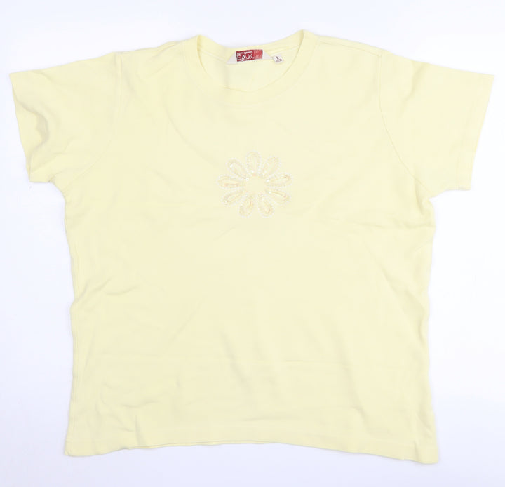 EWM Women's Yellow Cotton Crew Neck T-Shirt, Size L, Beaded Accent