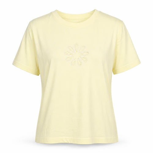 EWM Women's Yellow Cotton Crew Neck T-Shirt, Size L, Beaded Accent