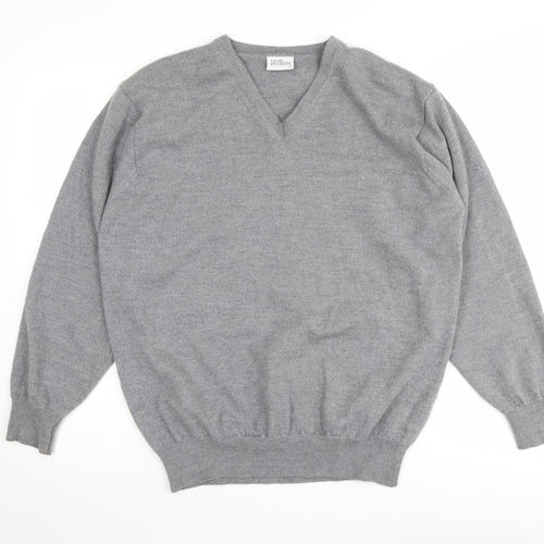 Oscar Jacobson Men's Grey V-Neck Wool Jumper - 2XL