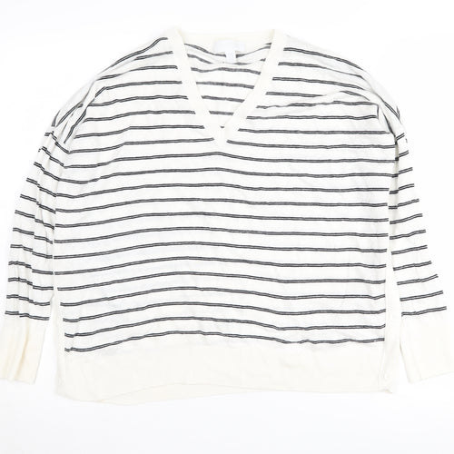 White Label Women's White Striped V-Neck Pullover Jumper Size 16