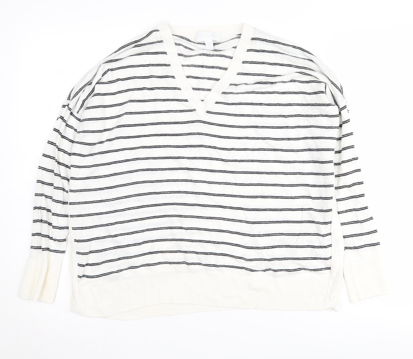 White Label Women's White Striped V-Neck Pullover Jumper Size 16